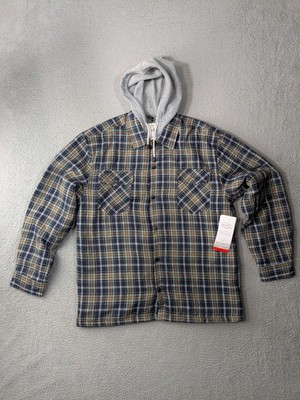 WFS Flannel Hooded Jacket Mens Large Hoodie Sherpa Lined Jacket Shacket Plaid 