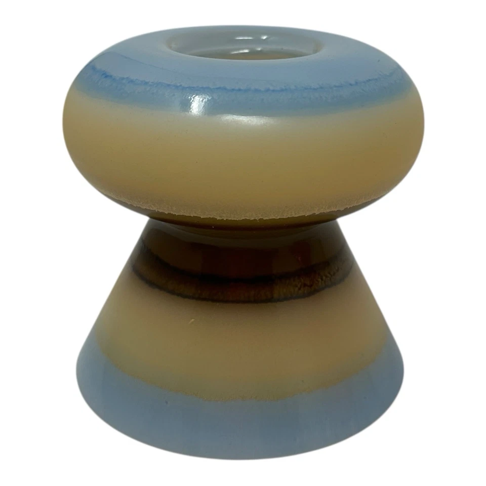 Womar Glass Candle Holder Bud Vase Blue Cream Brown Striped Handmade Poland 4" - Image 2 of 4