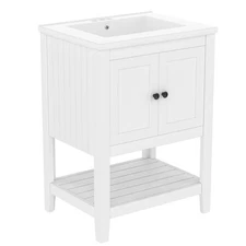 Elegant 24" Bathroom Vanity with Semilune Ceramic Sink, Birch Wood Frame & Open