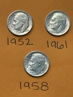 1952, 1961, 1958 Roosevelt Dimes , 90% Silver ,lot Sale Of 3 Dimes