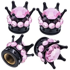 4PCS Crown Bling Tire Stem Valve Caps, Crystal Diamond Car Wheel Black  Pink