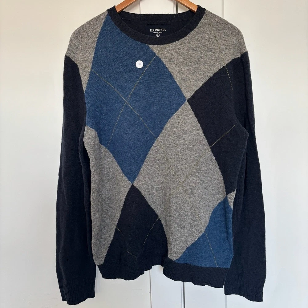 EXPRESS 100% Lambs Wool Argyle Crewneck Sweater Men's Large Navy Blue Gray