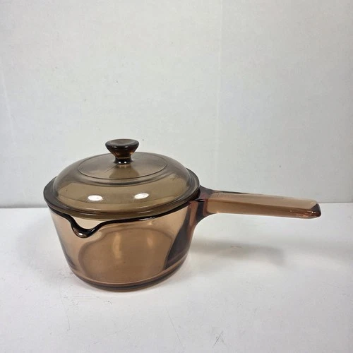 Vintage Pyrex Vision Corning USA Amber 1L Saucepan Pot with Lid Glass Cookware