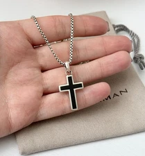 David Yurman Sterling Silver Exotic Stone Black Onyx Cross with Box Chain 22"