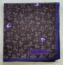 VTG Handkerchief Gray Cotton Creeping Vine Leaf Purple Flower Pocket Square 18"E