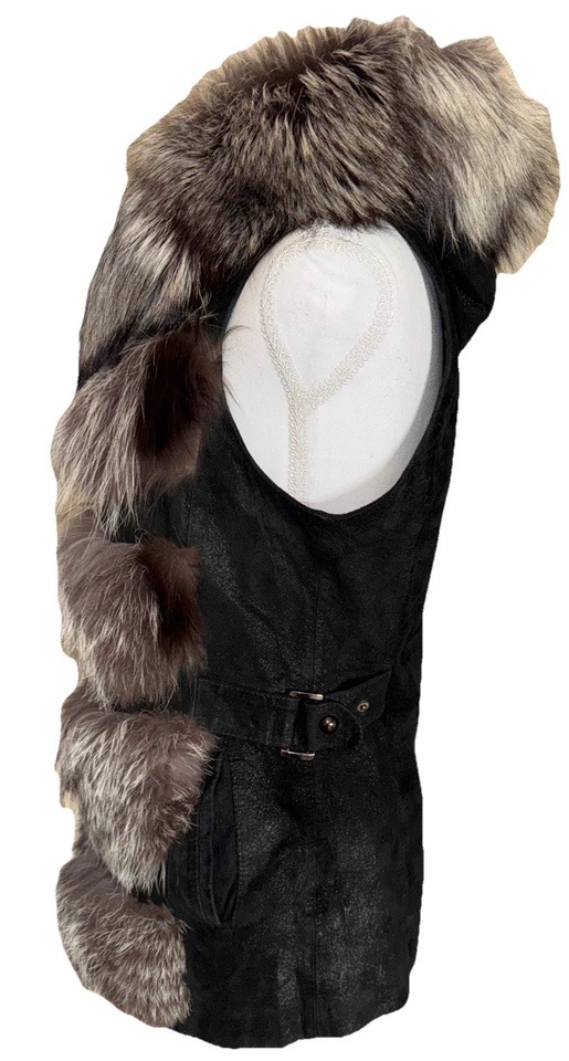 Chaleco de cuero de piel de zorro plateado real con capucha, dos bolsillos, cremallera, ajustable Foto 4 de 4