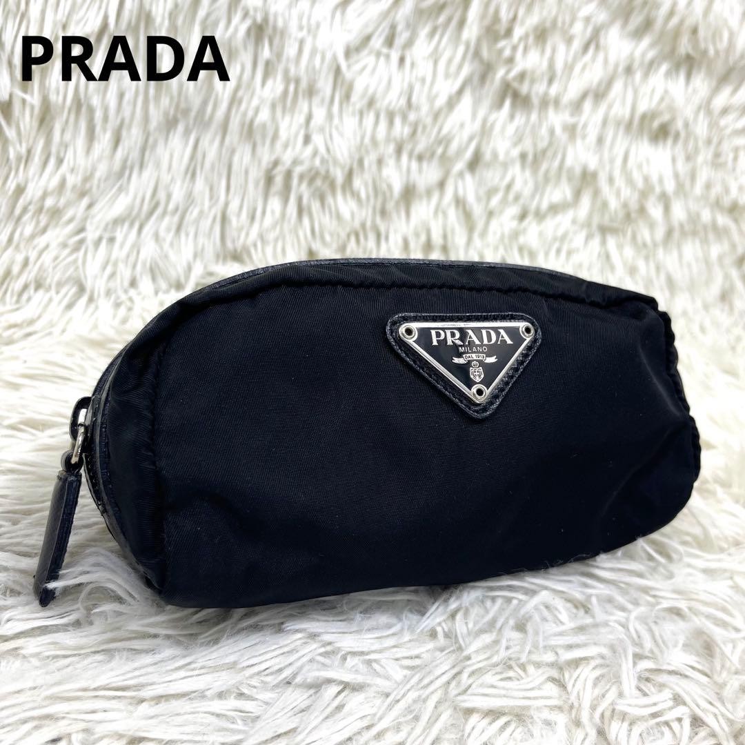 PRADA Pouch Nylon Triangular Logo Plate Black Lea… - image 1