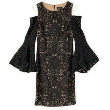Xscape Black Lace Cold Shoulder Bell Sleeve Sheath Lined Dress Size 8