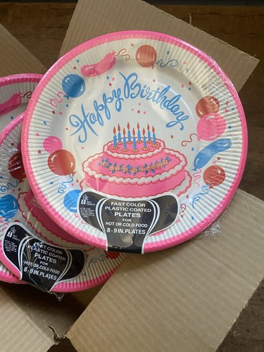 VTG 80's NOS Case of 12 Packs of Birthday Party Cake 9" Paper Plates (96 Total)