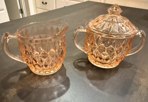 Jeannette Windsor Diamond Pink Depression Glass Sugar & Creamer w/Lid