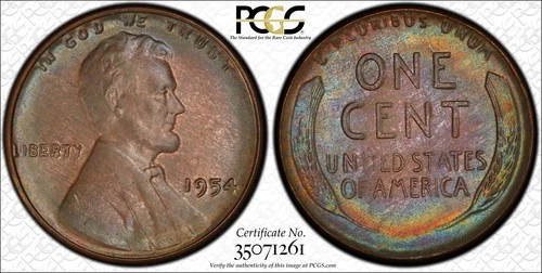 1954 Wheat Penny PCGS MS 63 BRN Rainbow Toner! Truview!