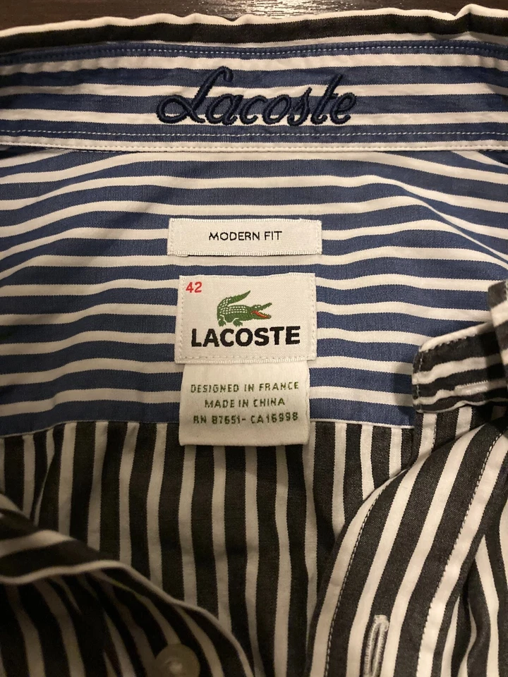 Camisa con botones Lacoste para hombre manga larga algodón rayas talla 42 Foto 3 de 4