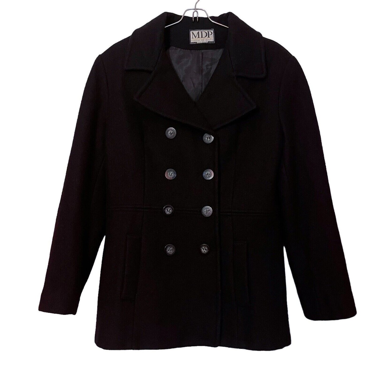 Vtg MDP Mario De Pinto Double Breasted Pea Coat sz Medium Black Wool USA  Made