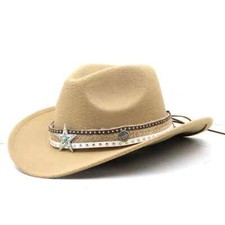 Beige Western Cowboy, Cowgirl Hat, Lone Star Strap, Men Women Retro Wide Brim