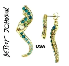 US Seller Betsey Johnson Gold-Tone Pavé Crystal Snake Front and Back Earrings