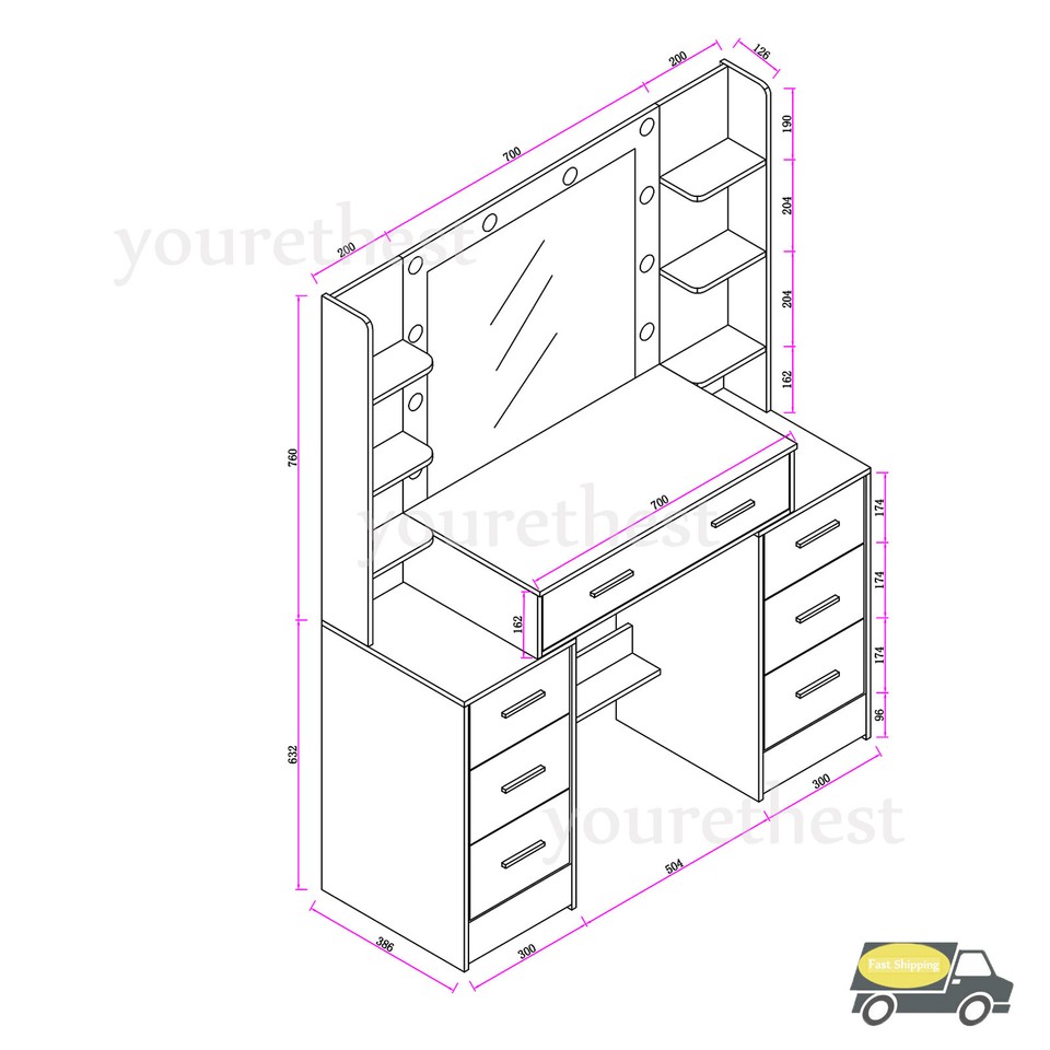 Large Dressing Table With Mirror 11 LED Bulbs 7 Drawers Black Vanity