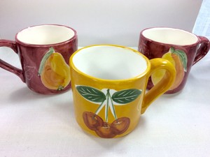 3 Pottery Barn Hand Painted Mugs Cups Red Yellow Pears Cherries
