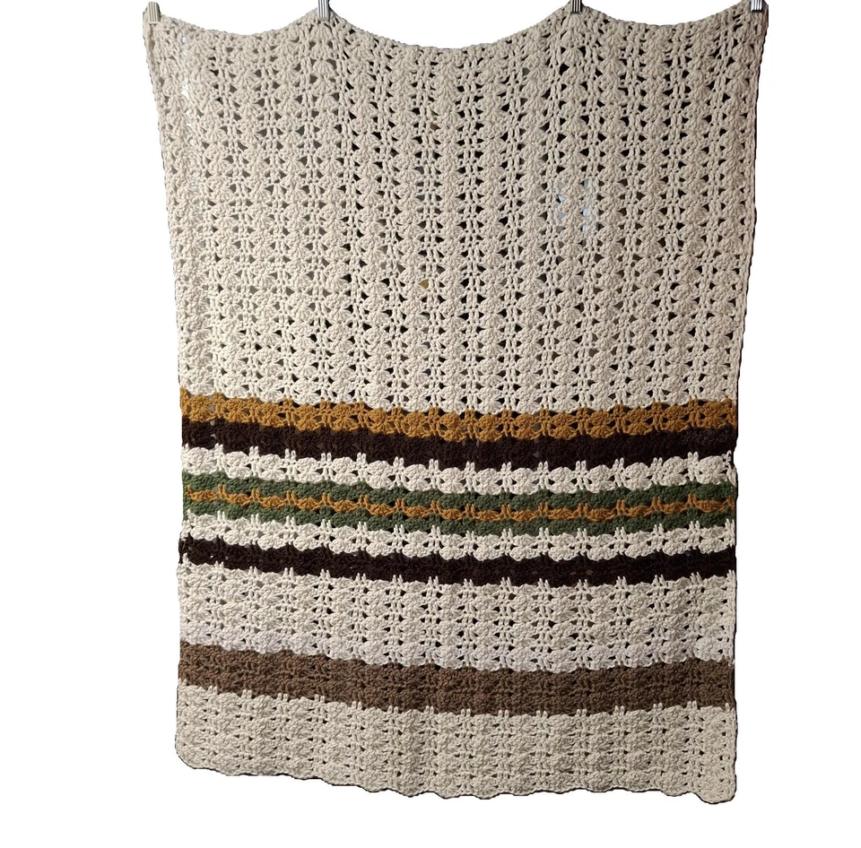 Vintage Crochet Throw Blanket Granny 40x36 Ivory, Brown, Green, Camel Cozy Soft - Image 3 of 3