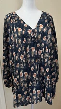 Pleione Women’s XL Long Sleeve Floral Pullover Blouse Peach Navy Career Top