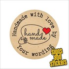 24x 45mm Diam Personalised Handmade With Love Stickers Shabby Kraft Heart