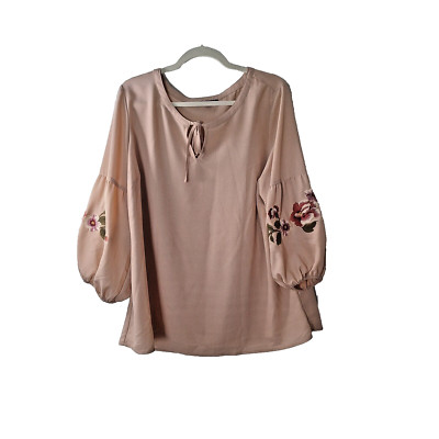 1X Tunic Top Blouse Boho 3/4 Embroidered Cottagecore Silky Roz & Ali Woman's