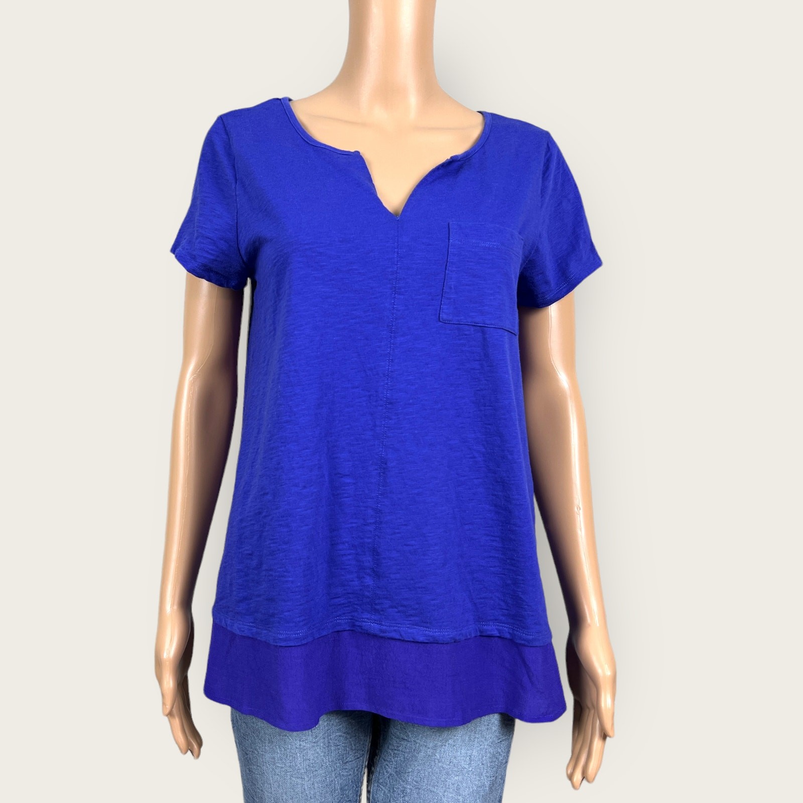 Soft Surroundings Blue Split V-neck Contrast Hem … - image 1
