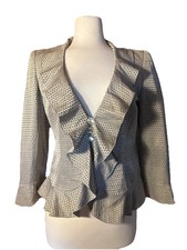 Giorgio Armani Ivory Gray Ruffle 3 Button Blazer Size 42 US 10 Linen Vintage
