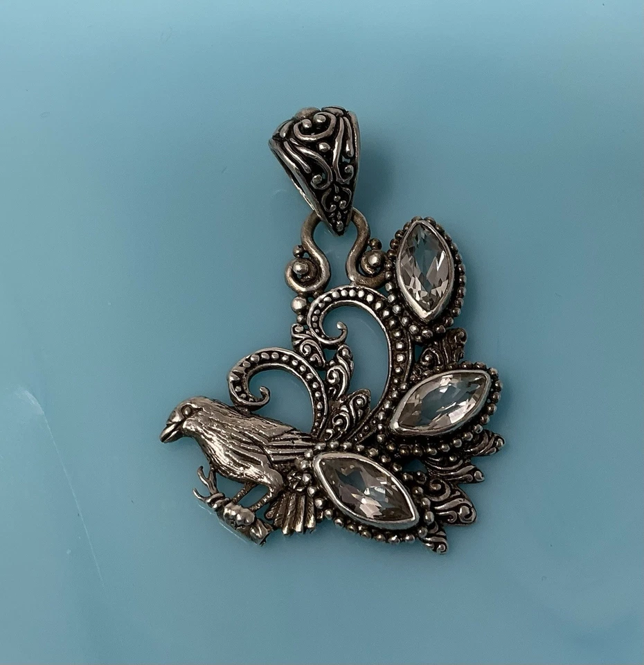 "Colgante de piedras preciosas de pájaro pavo real topacio blanco de plata de ley Bali Sarda de 2"" 11 g" Foto 2 de 4