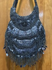 VTG Bijoux Terner Gray Satin Beaded  Sequined Small Purse Formal Evening Party