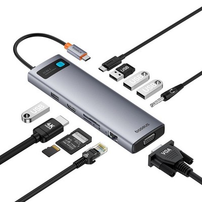 Baseus HUB USB C 1in1:Power Delivery, HDMI,VGA, RJ-45, SD/TF, AUX Dockingstation
