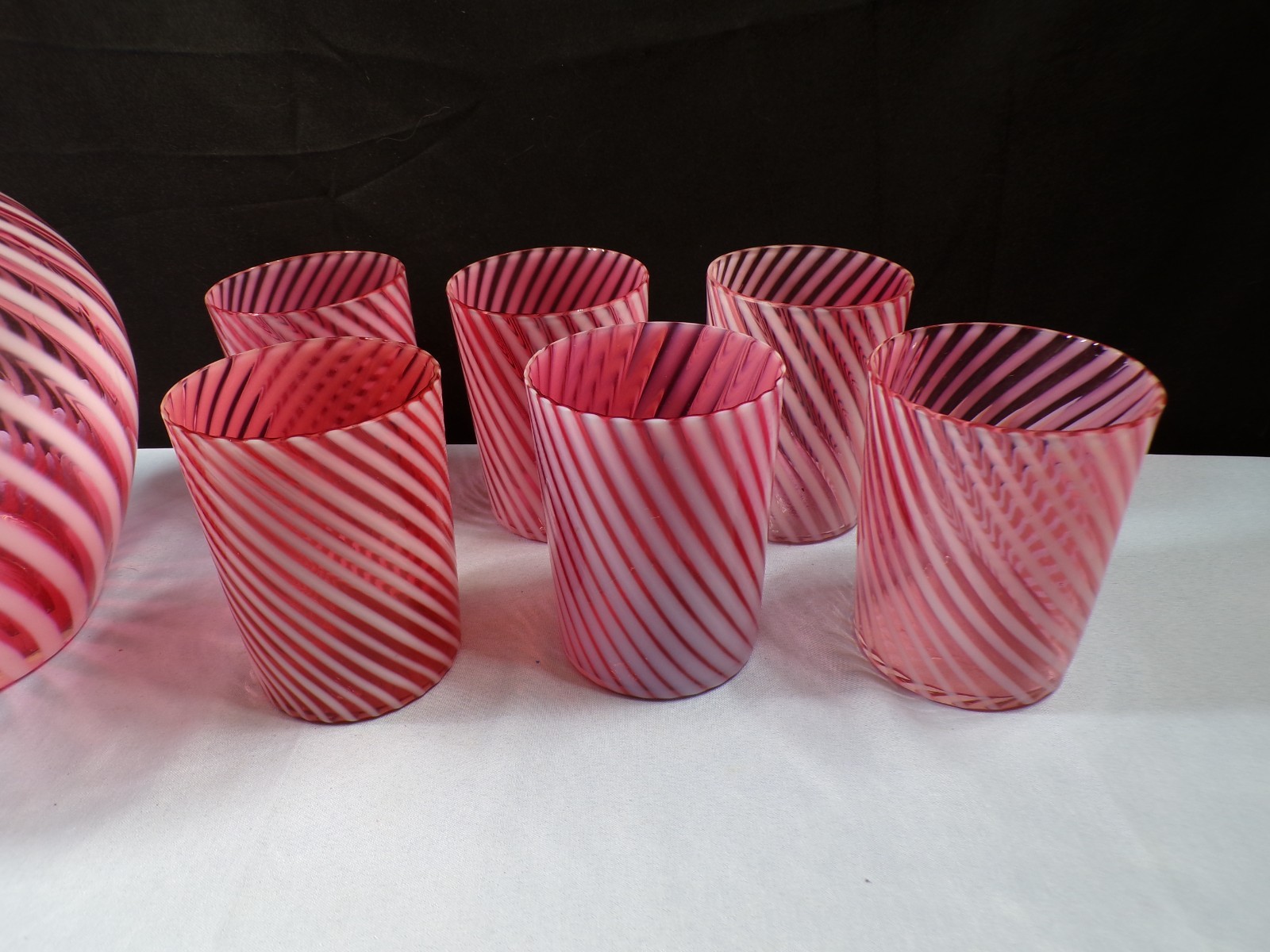 Northwood Cranberry Opalescent Swirl Spiral Optic Water Set Pitcher & 6 Tumblers