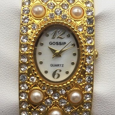 Gossip Womens Watch 25mm Gold Tone Faux Pearl Crystals Bangle New Battery 7.25''