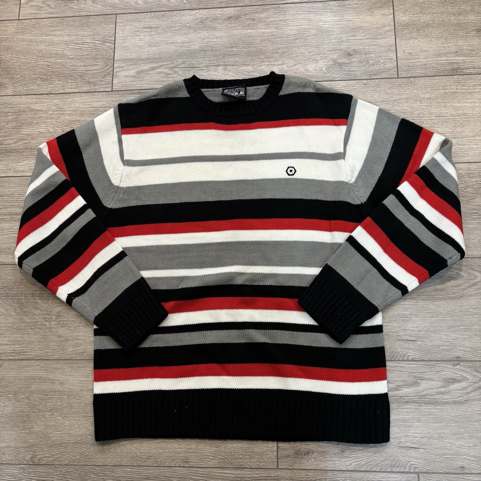 Vintage Southpole Sweater Men's Large Black White Grey Red Striped Y2K Hip Hop