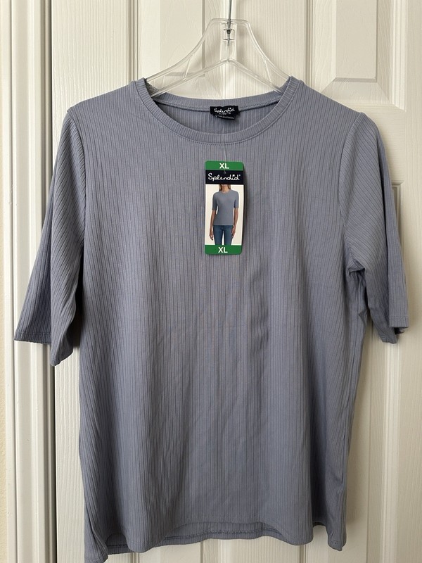 Splendid Women’s Ribbed Blouse Size XL In Dusty Blue Gray Short Sleeves New