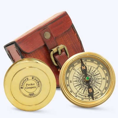 Sailor Brass Pocket Compass with Leather Case   Vintage Navigation Instrument