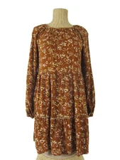 Art Class Womens XL Brown Floral LS Baby Doll Tunic Gathered Rayon Cottage
