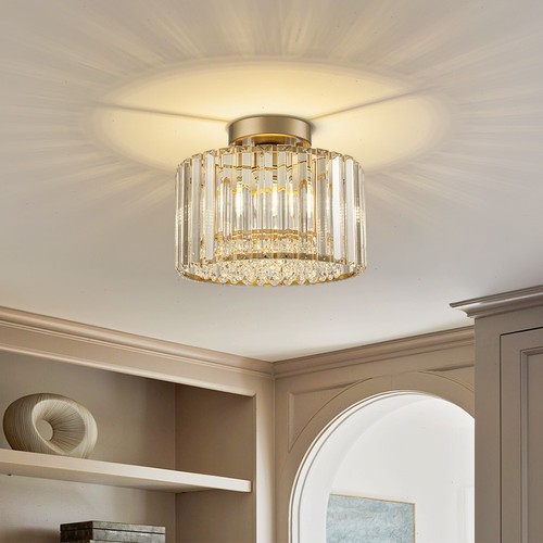 Plafonnier rond moderne en cristal doré semi encastré pour salon - Photo 8/18
