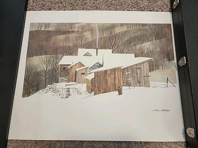 Vintage 70s Jack O'Hara Artist Signed Print Winter Scene ''Country Cabin'' 19''x25''