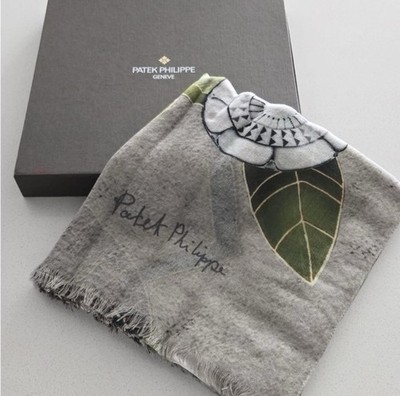 Patek Philippe Gray and Green Cashmere Scarf with Leaf Motif