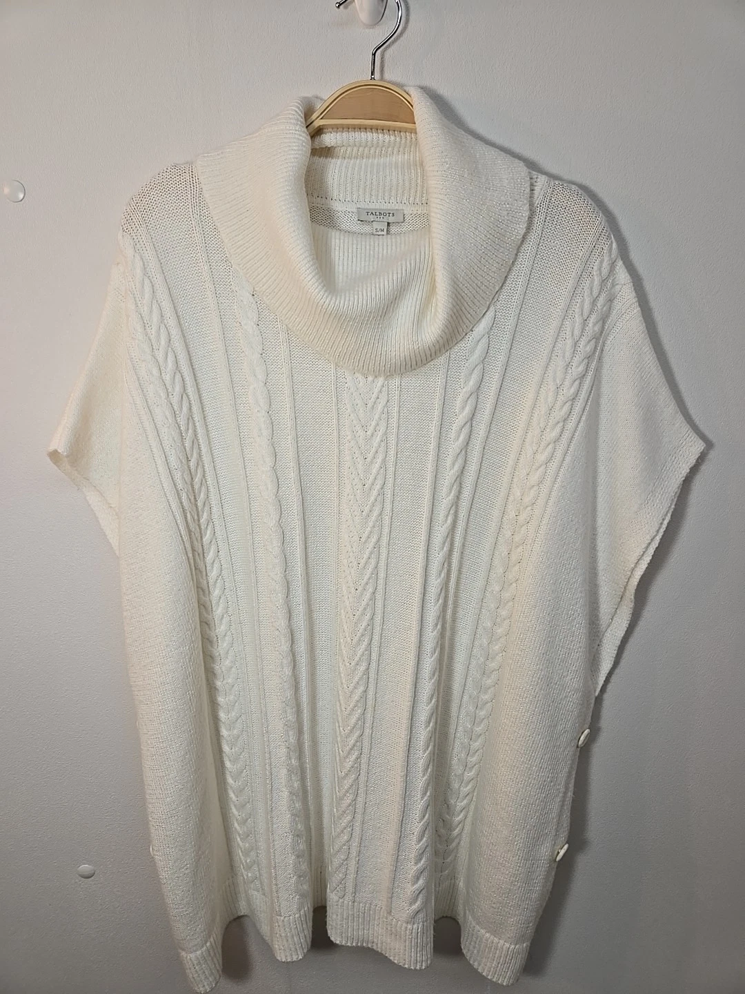 Talbots S/M Oversized Creamy White Cable Mixed Knit Cowl Neck Poncho Sweater