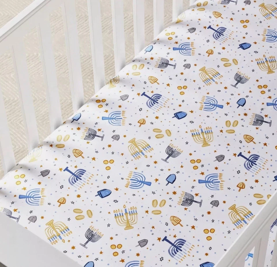 Folha de berço de Hanukkah Pottery Barn Kids nova com etiquetas em azul e dourado - Imagem 4 de 4