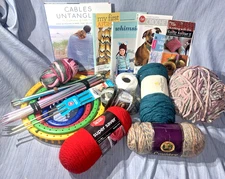 Lot of 35 crochet/knitting needles, yarn, looms, books