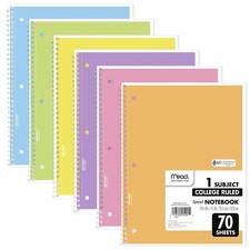 Spiral Notebook, 6 Pack, 1 Subject, College Ruled Paper, 7-1/2" x 10-1/2", 70...