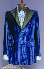 Vtg 70's Blue Velvet Tuxedo Coat Groovy 2 Button Satin Lapel Formal Jacket 38L