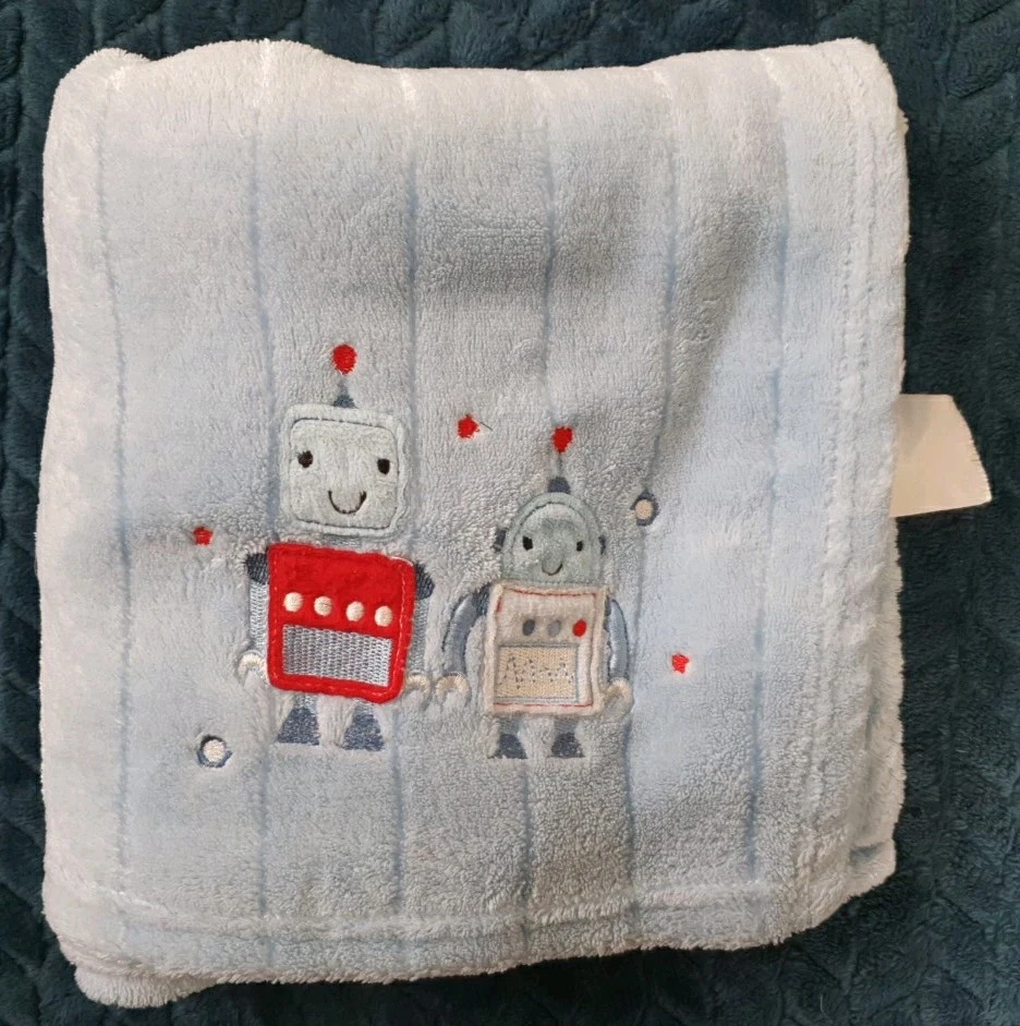 Snuggle Baby Robot  Robots Fleece Pram Blanket Blue 70x100cm embossed stripes - Image 2 of 4