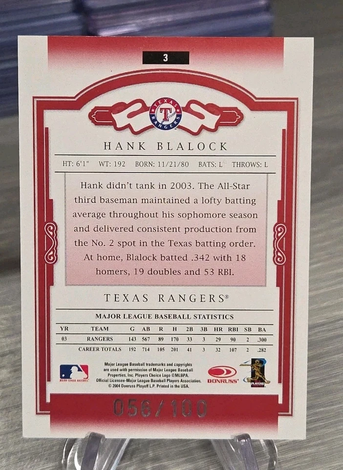 Hank Blalock 2004 Donruss Classics Timeless Tributes Red /100 #3 Texas Rangers - Image 2 of 3