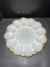 Anchor Hocking Fire King White Milk Glass Deviled Egg Plate w/Gold Trim 9 3/4”