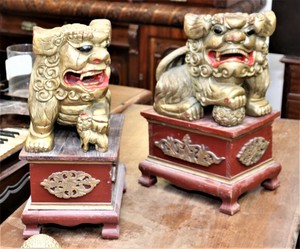 Large Pair Antique Chinese Fu Foo Lions Temple Dogs Carved Gilt Wood