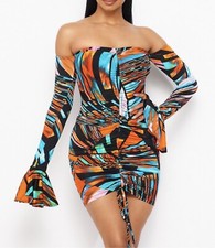 Women's Sexy Bodycon Off The Shoulder Print Mini Club Dress Cuff Sleeve Medium
