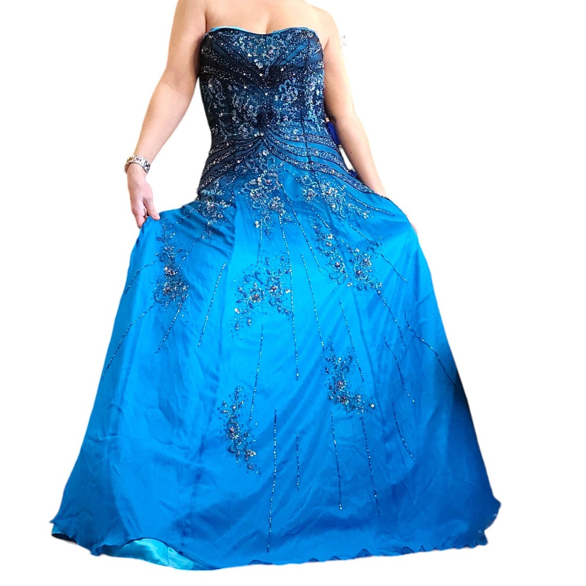 Y2K Tiffany Designs 12 Silk Blue Beaded Strapless Formal Gown